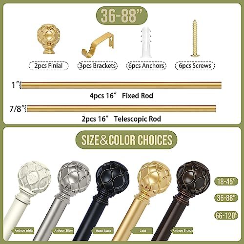 Gold Adjustable Curtain Rods 36-88 Inch