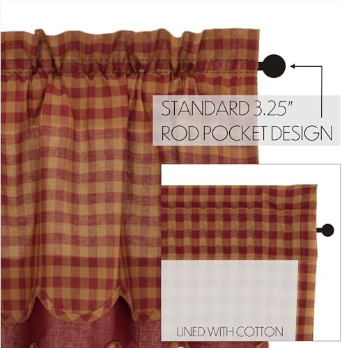VHC Brands Burgundy Check Valance 16x60 Red Rod Pocket Cotton Curtains