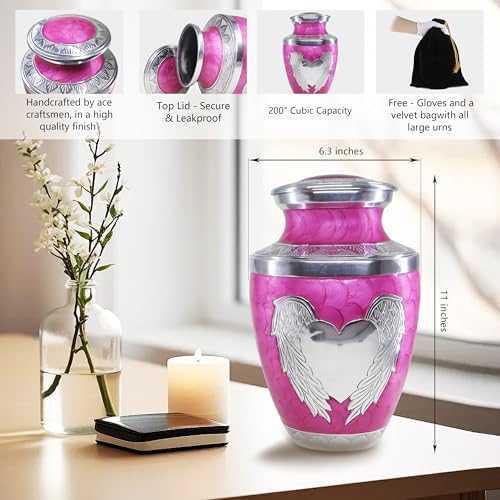 Pink Decorative Urn with Silver Angel Wings and Heart