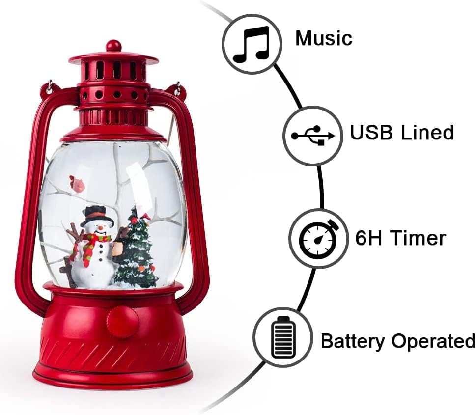 Christmas Musical Red Snow Globe Lantern with Snowman and Glitter