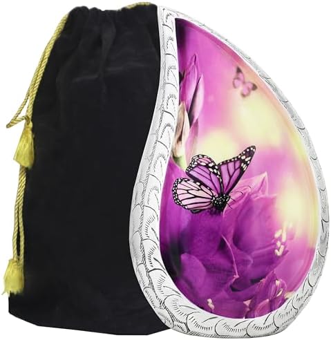 M Meilin Xu Teardrop Cremation Urn Purple Flower Butterfly Large
