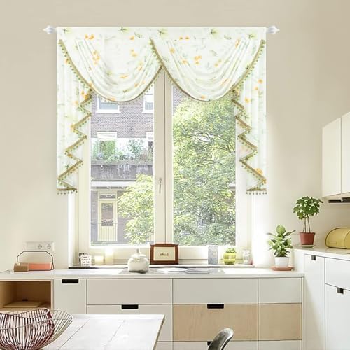 Leeva Luxury Sheer Valance Curtains with Bead Tassels and Plants Print Design