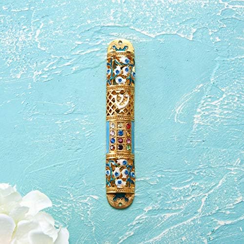 Matashi Hand Painted Enamel Mezuzah with Crystals and Gold Accents
