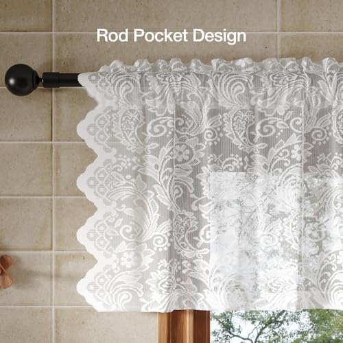 White Lace Semi-Sheer Kitchen Valance Curtains - 1 Panel 52W x 18L Inch