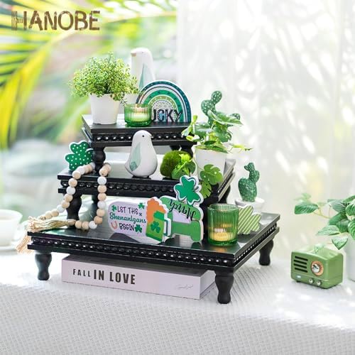 Hanobe 3 Tier Black Display Risers Wood Pedestal Stand