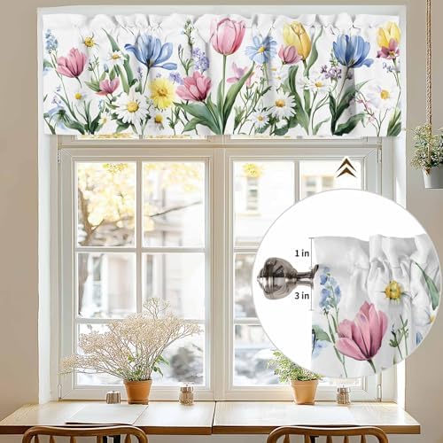 Tersuger Spring Daisy Tulip Kitchen Valance Curtain