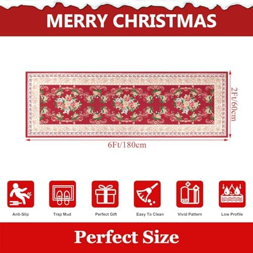 Red Floral Long Runner Rug for Hallway and Entryway