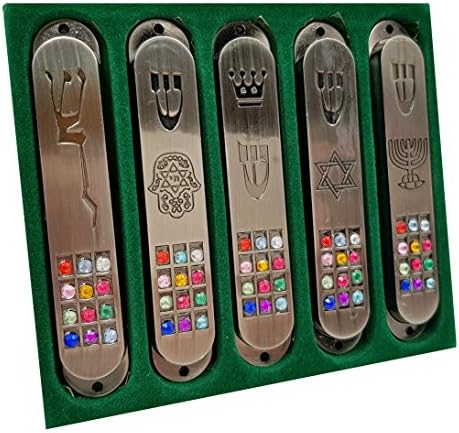 Set of 5 Pewter Mezuzah Cases with Star of David and Hoshen Stones