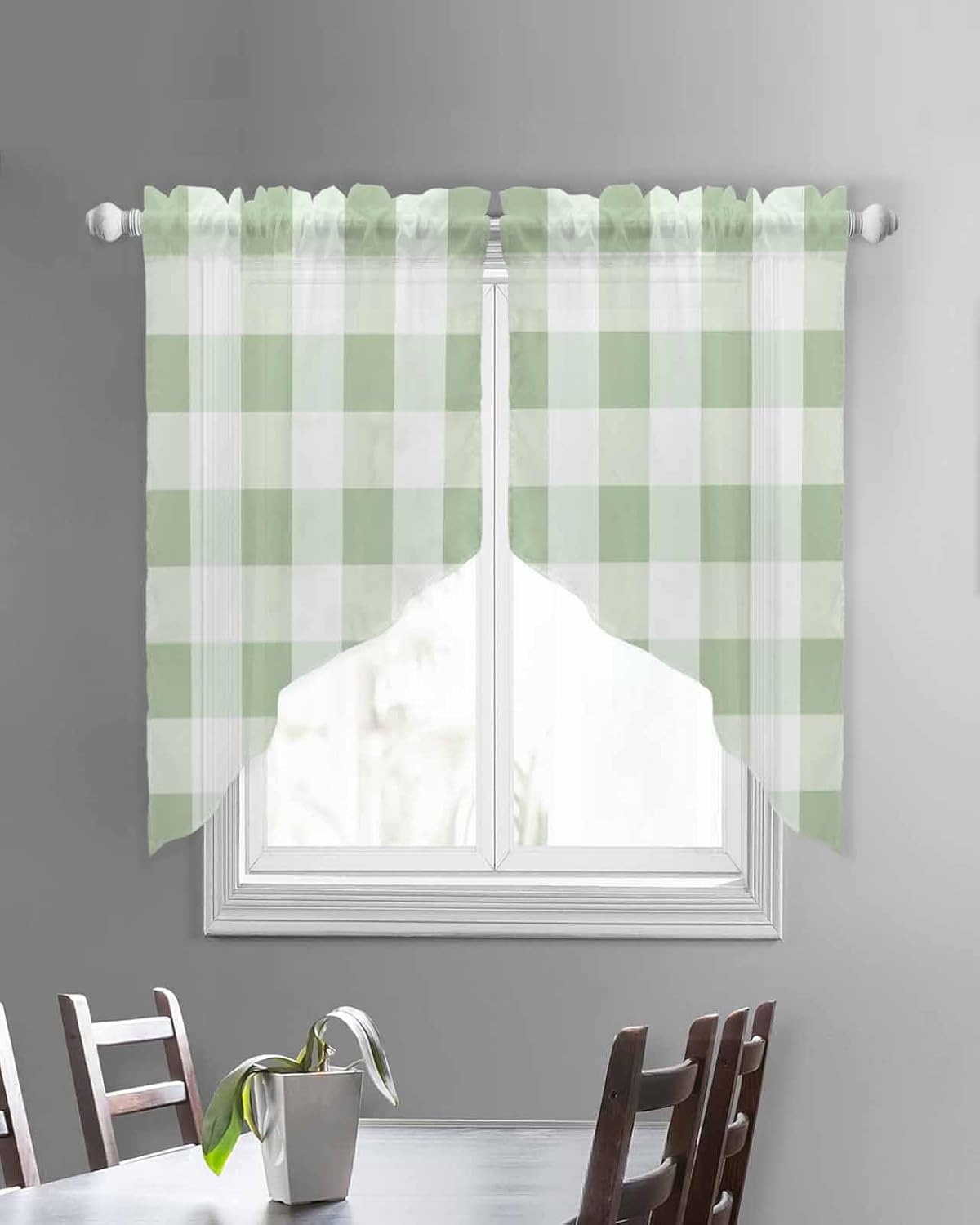 Sage Green Plaid Swag Valance for Small Kitchen Windows