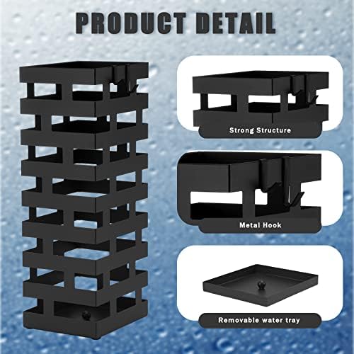 Tudomro Large Black Metal Umbrella Stand with Hooks and Water Tray