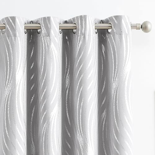 100 Blackout Curtains with Metallic Silver Wave Print
