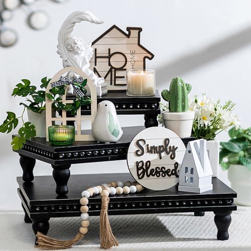 Hanobe 3 Tier Black Display Risers Wood Pedestal Stand