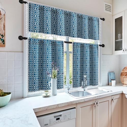 MitoVilla Boho Kitchen Valance with Tassel Blue