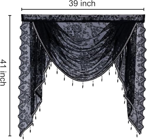 Boho Black Lace Beaded Waterfall Valance Curtains 39x41