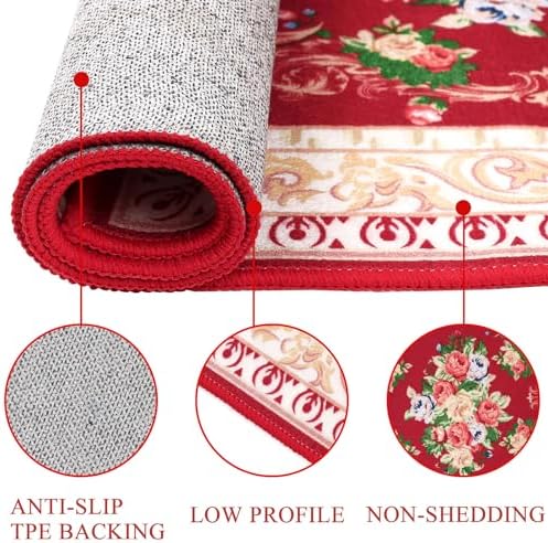 Red Floral Long Runner Rug for Hallway and Entryway
