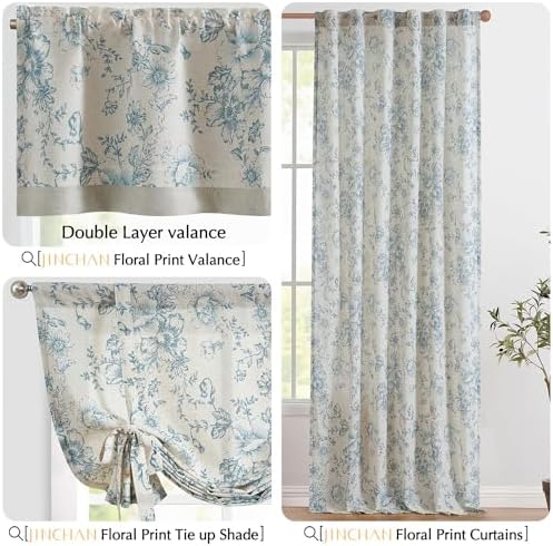 Jinchan Linen Floral Valance Double Layer 16 Inch