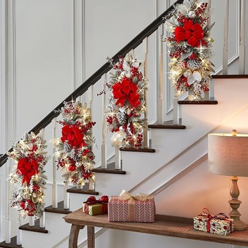 Topyond Christmas Staircase Decoration Cordless PVC Swag Red
