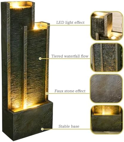 354 Inch Modern Waterfall Fountain with Lights and Gentle Flow