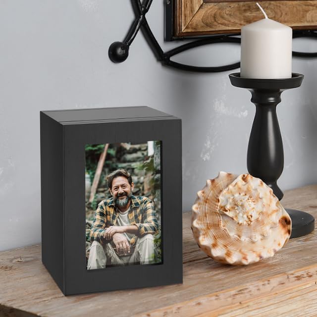 SOITIS Small Wood Urn for Human Ashes Black with Photo Frame