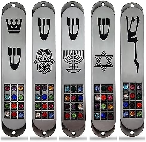 Set of 5 Pewter Mezuzah Cases with Star of David and Hoshen Stones