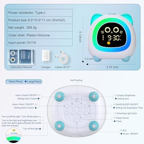Aurora Blue Cat Ear Alarm Clock for Kids