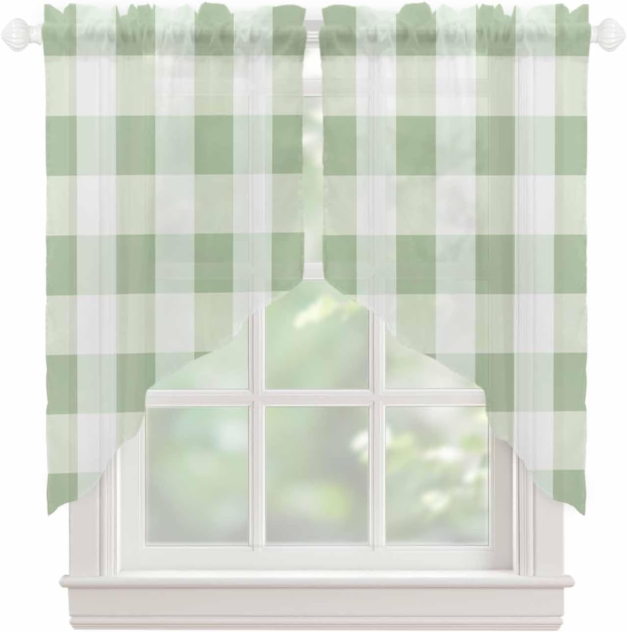 Sage Green Plaid Swag Valance for Small Kitchen Windows