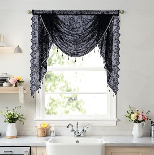 Boho Black Lace Beaded Waterfall Valance Curtains 39x41
