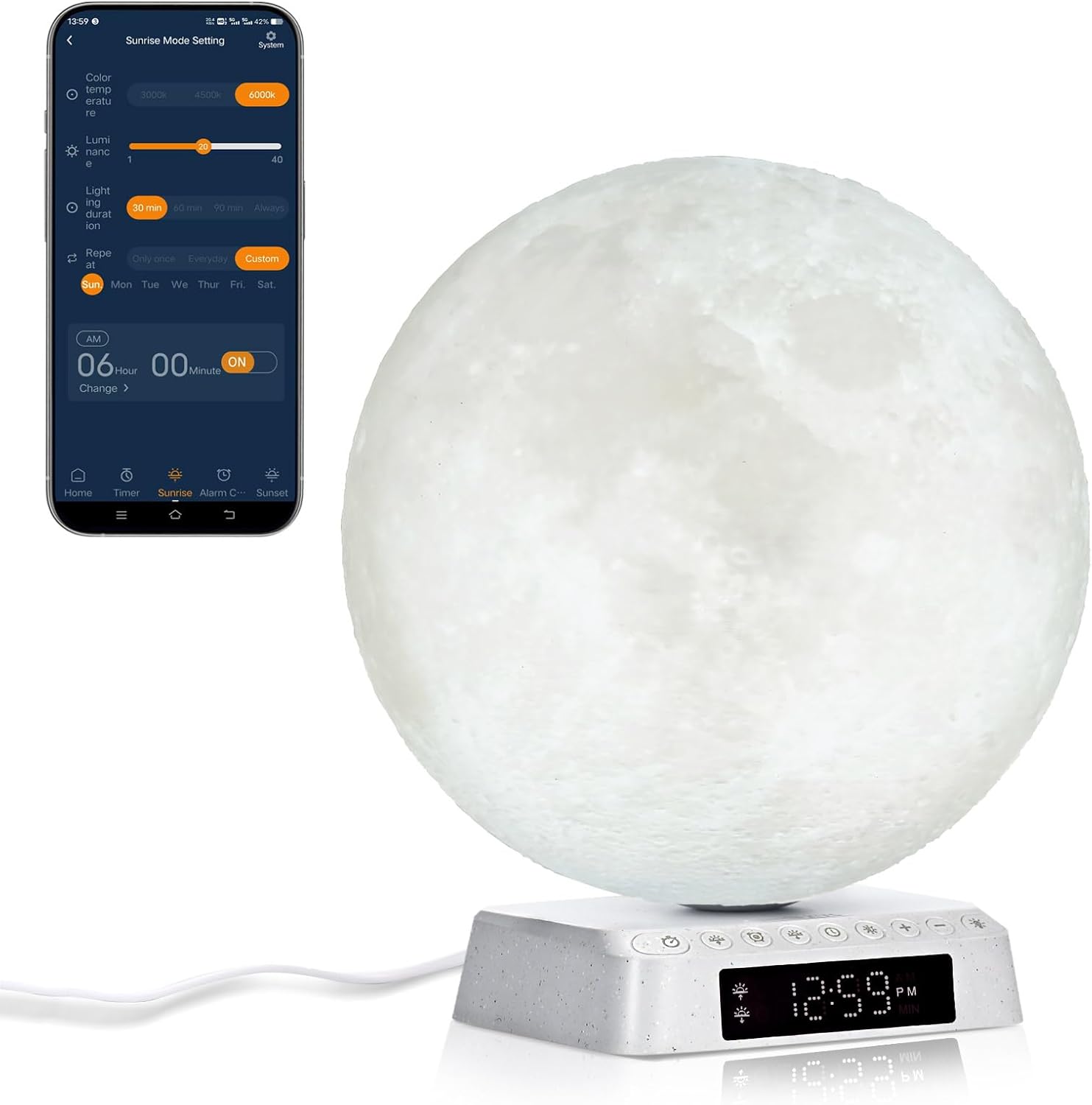 Moon Clock Light Alarm Clock with Sunrise and White Noise
