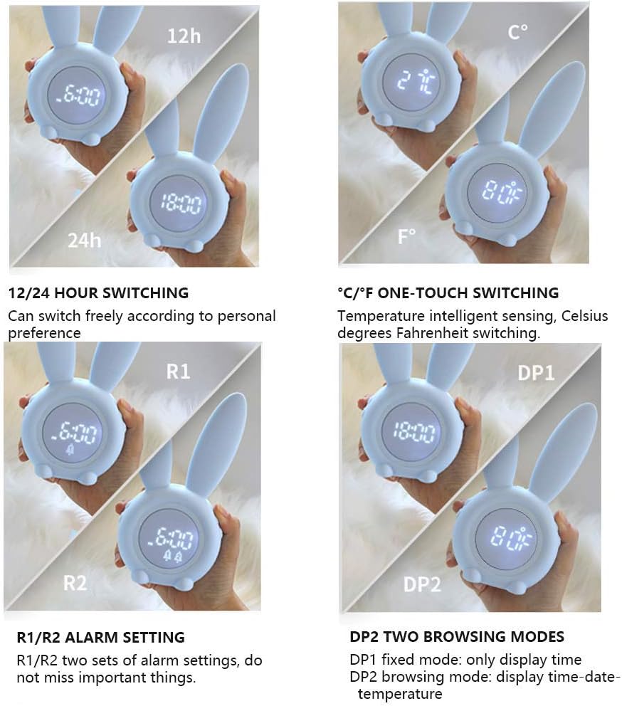 Cute Rabbit Alarm Clock with Temperature Display and Night Light