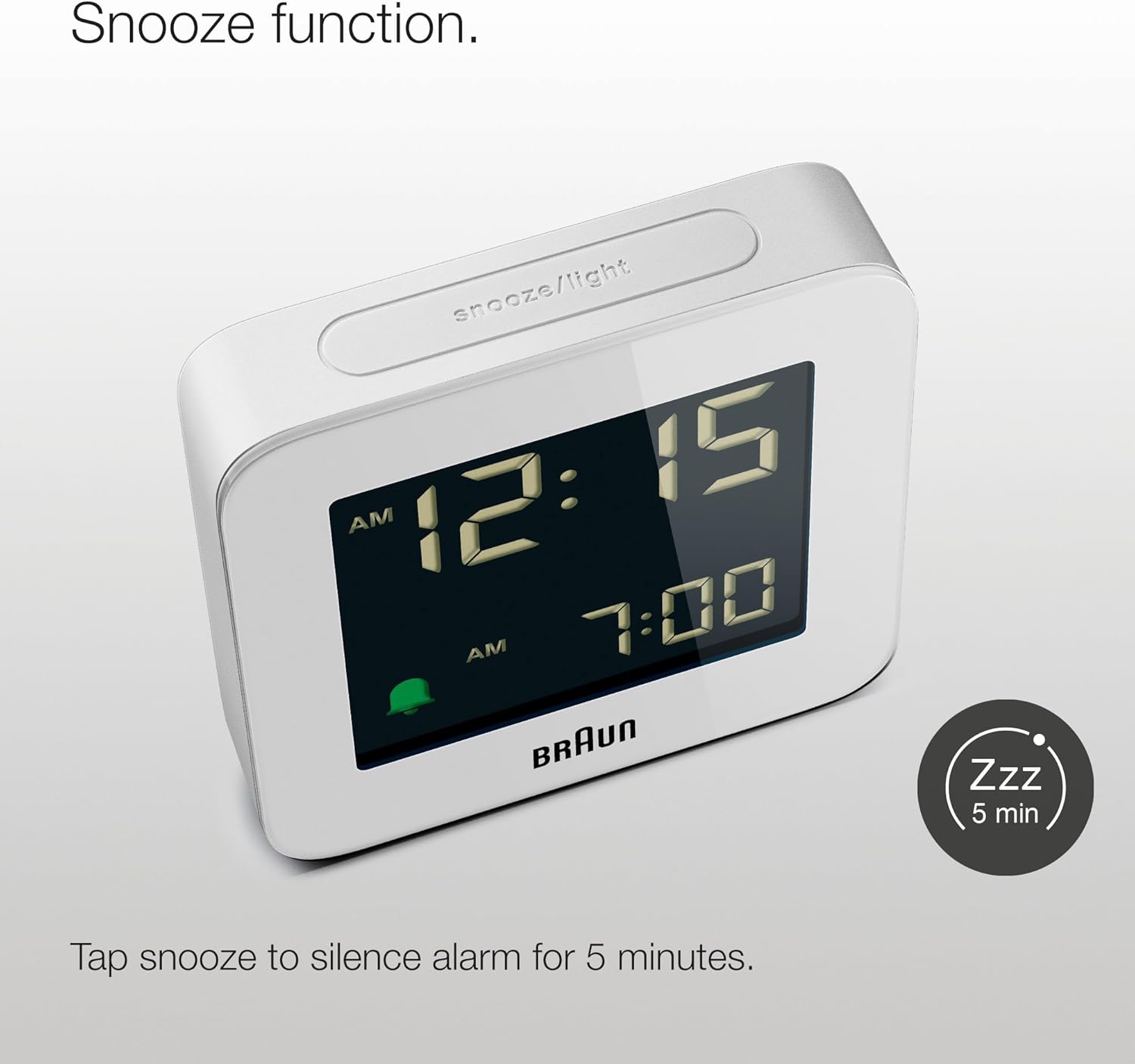 Braun Digital Alarm Clock with Snooze and Crescendo Beep in White