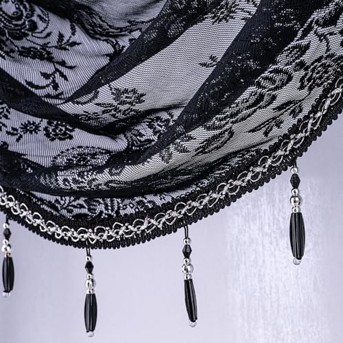 Boho Black Lace Beaded Waterfall Valance Curtains 39x41