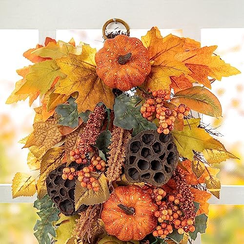 Glitzhome 2Pcs Fall Pumpkin Leaf Swag with Grapevine Base