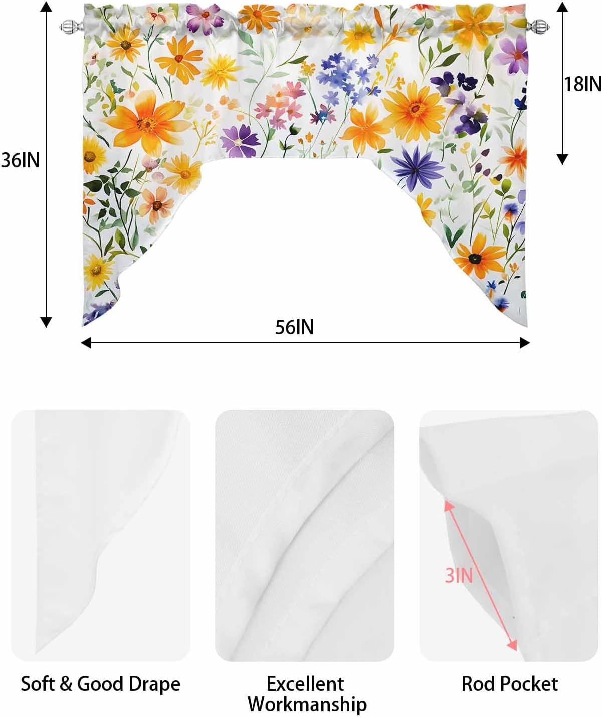 Spring Wildflowers Valance Curtains for Windows and Bathrooms