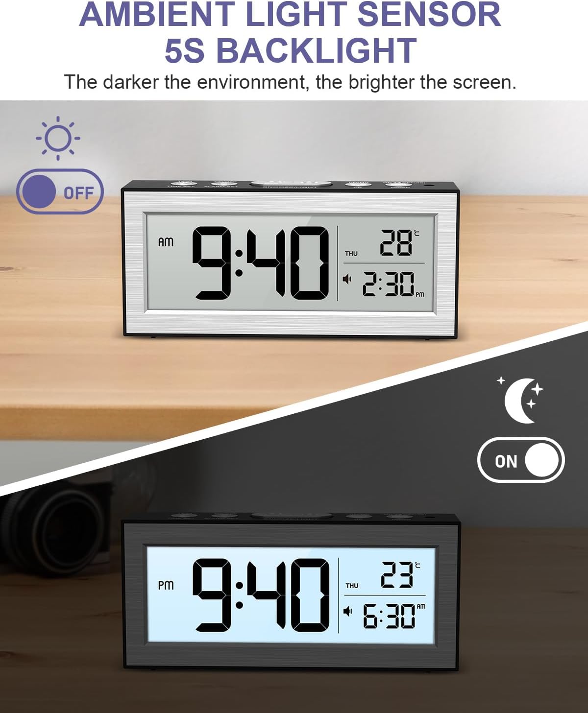 OQIMAX Battery Powered Alarm Clock with LCD Display
