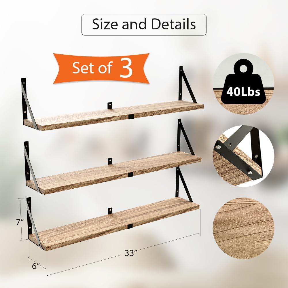 Set of 3 Floating Wood Shelves with Carbonized Black Finish