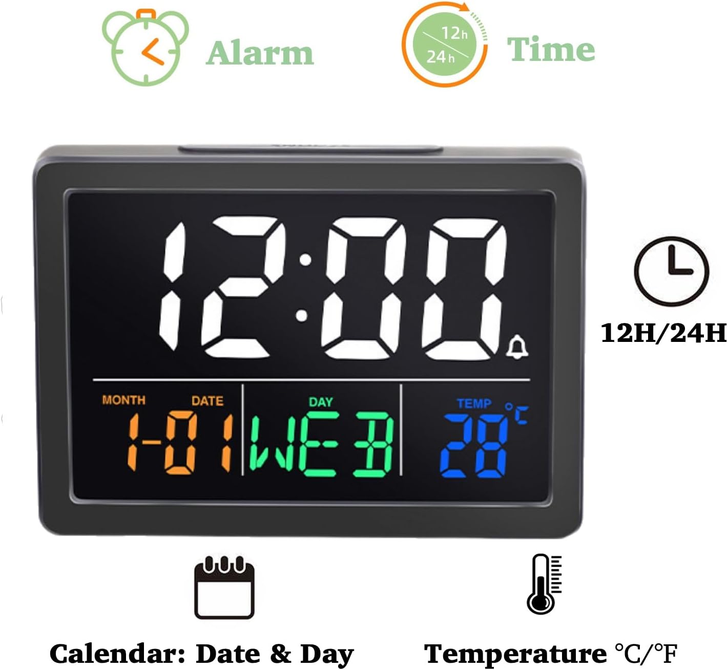 WQV Digital Alarm Clock with Calendar and Temperature Display