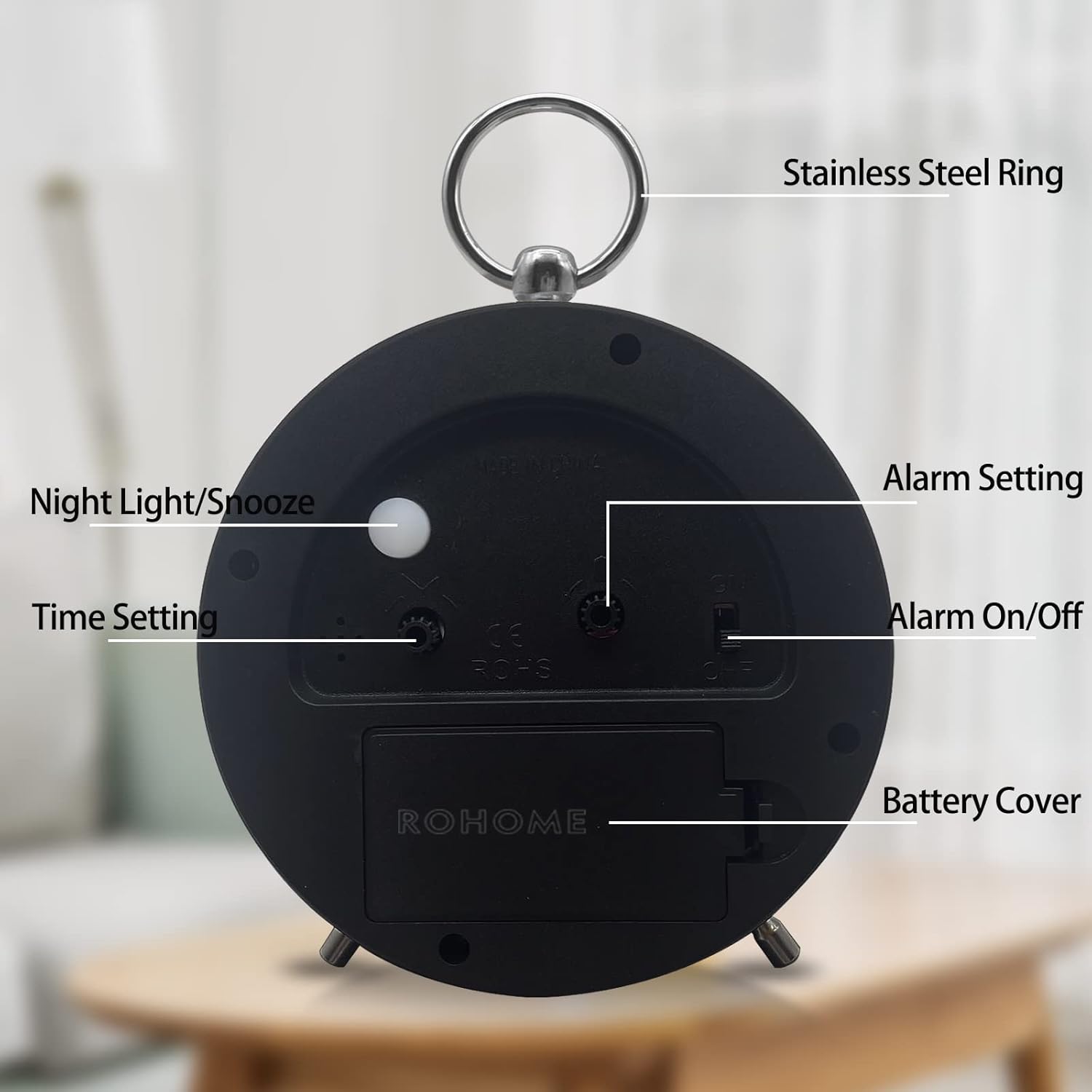 Rohome Small Alarm Clock with Night Light and Silent Quartz Movement White