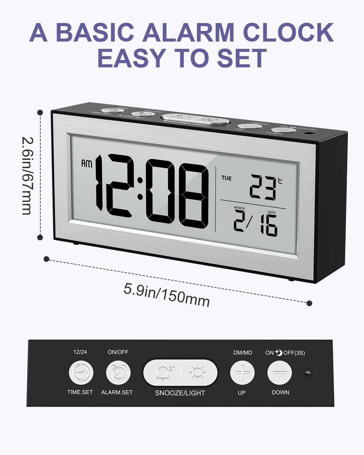 OQIMAX Battery Powered Alarm Clock with LCD Display