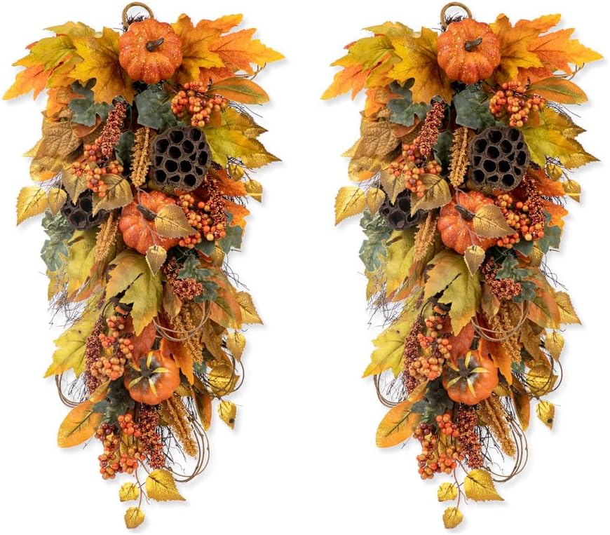 Glitzhome 2Pcs Fall Pumpkin Leaf Swag with Grapevine Base