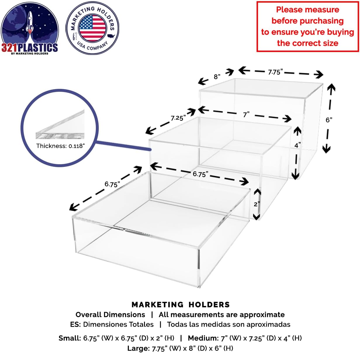 3 Piece Acrylic Display Boxes No Lid for Retail Displays