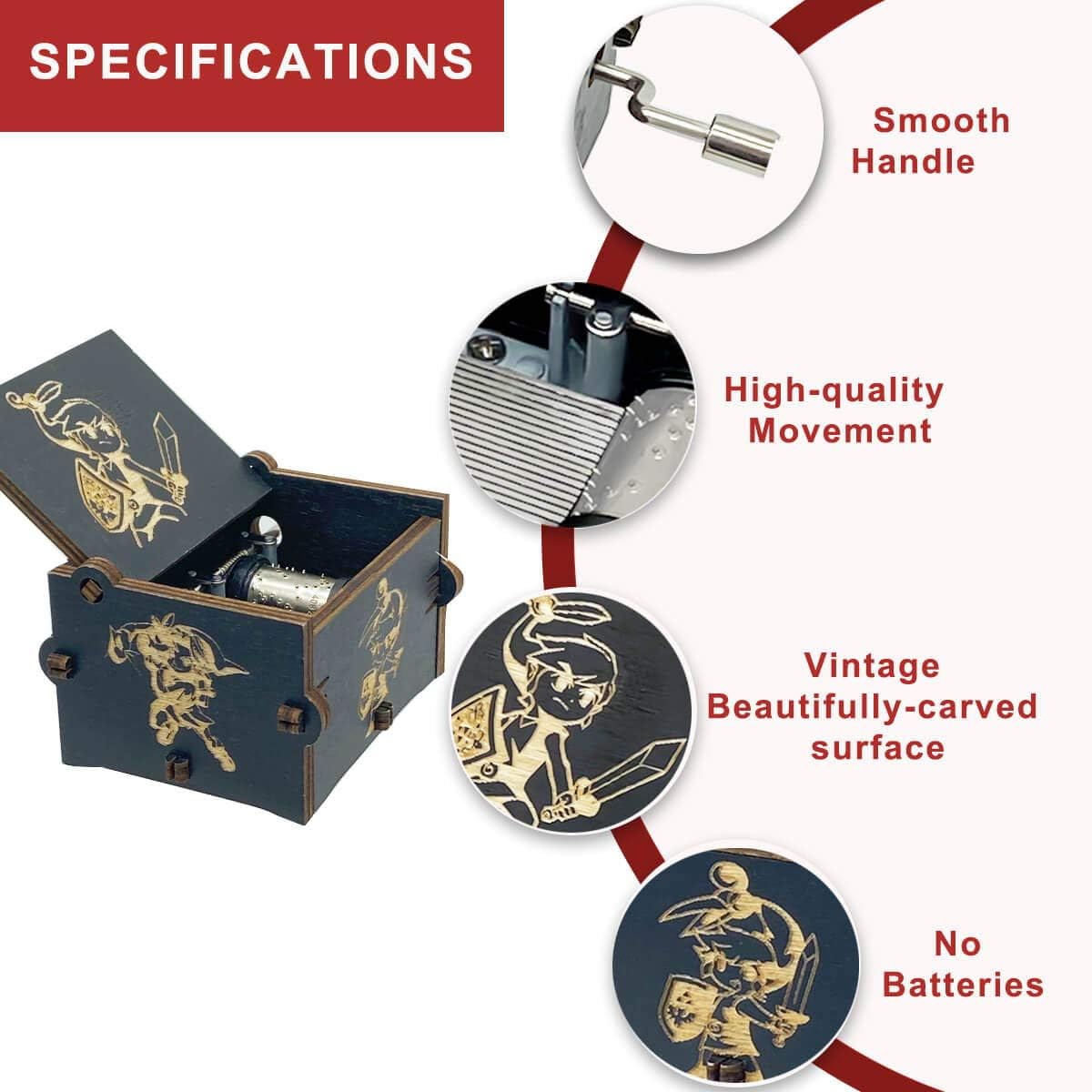 Hand Crank Wooden Music Box with Engraved Design