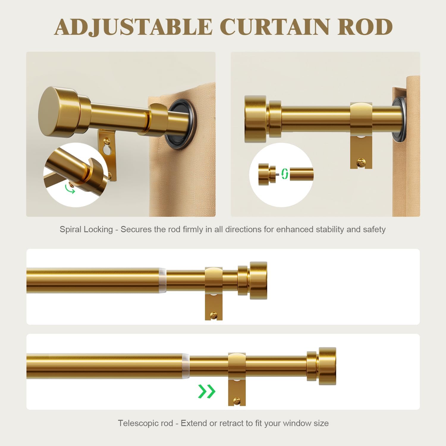 Oneach Heavy Duty Brass Curtain Rods 48-84 Inch Adjustable