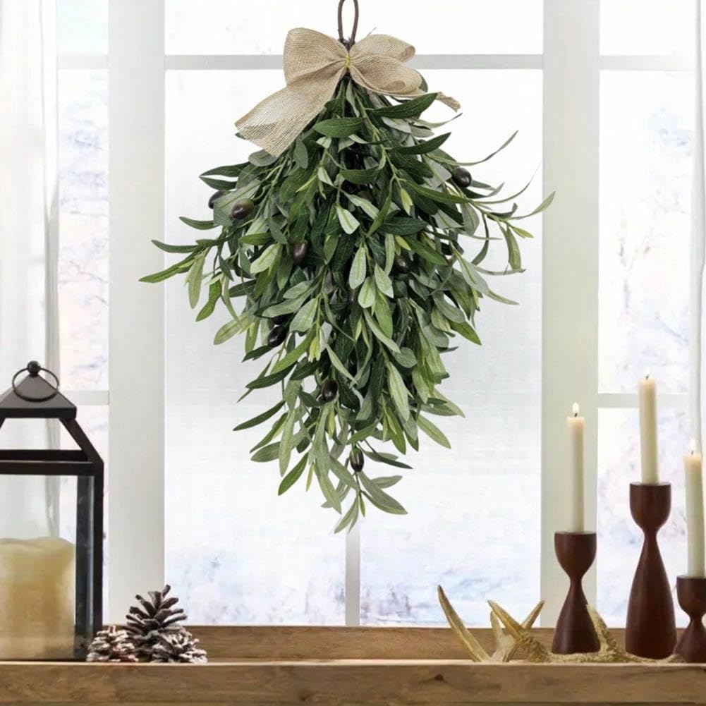 Artificial Olive Teardrop Swag Wreath with Bow
