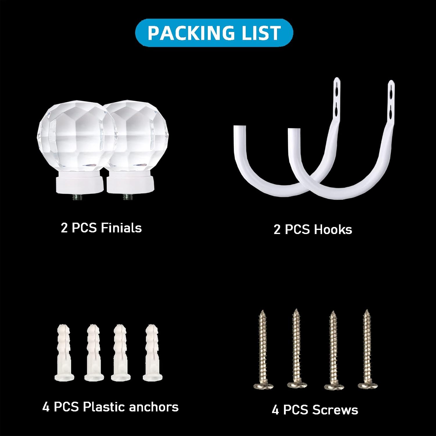 2 Pack Curtain Holdbacks with Clear Crystal Ball and Metal Hooks