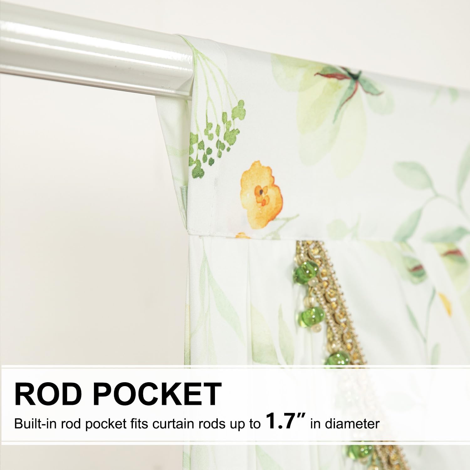 Leeva Luxury Sheer Valance Curtains with Bead Tassels and Plants Print Design