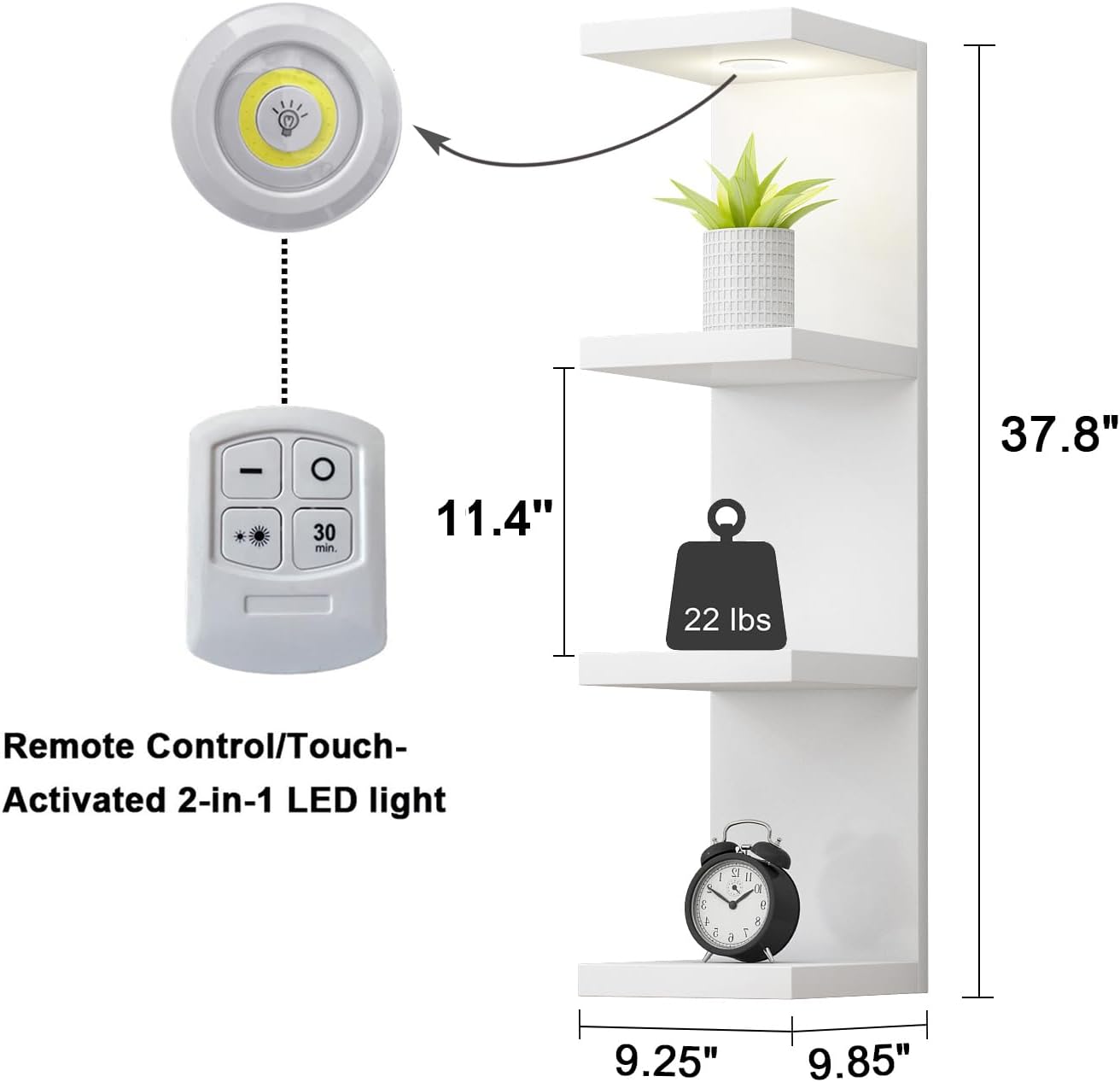 White Floating 4 Tier Wall Shelf with LED Light