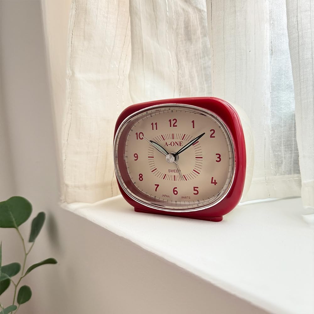 Square-Round Silent Alarm Clock - No Ticking Battery Operated Unique Design Red