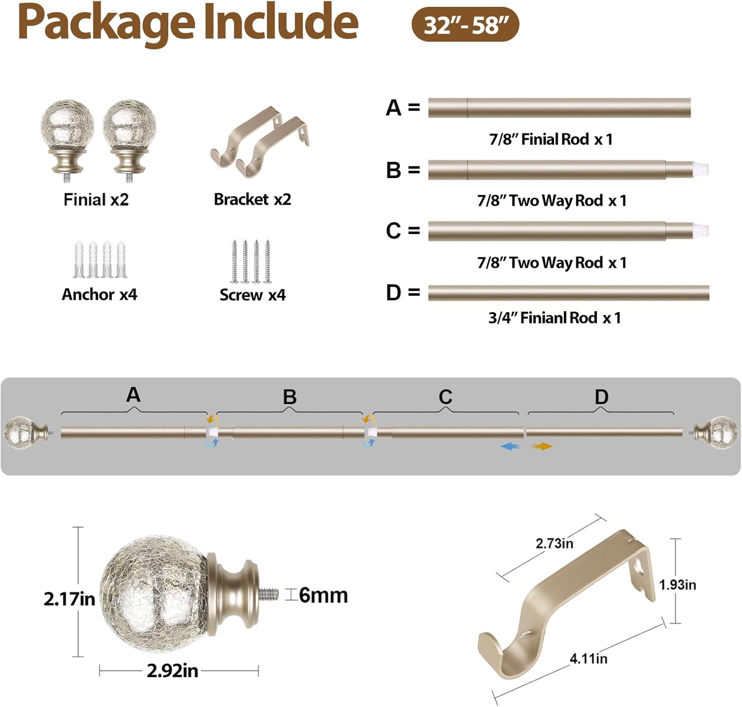 KAMANINA Champagne Gold Curtain Rods 32-58 Inches Adjustable