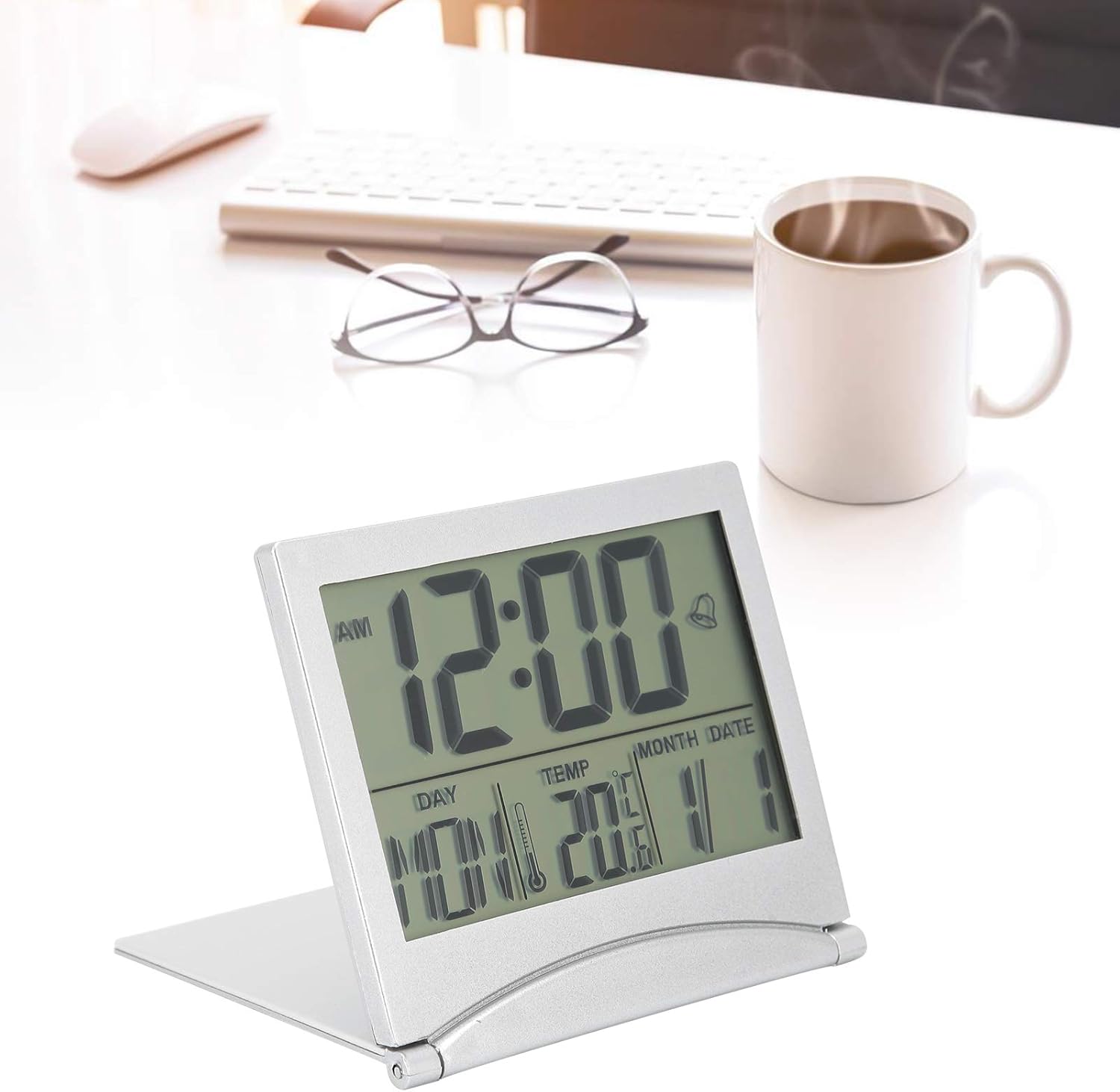 Aqur2020 Foldable Atomic Alarm Clock with Calendar and Temperature Display