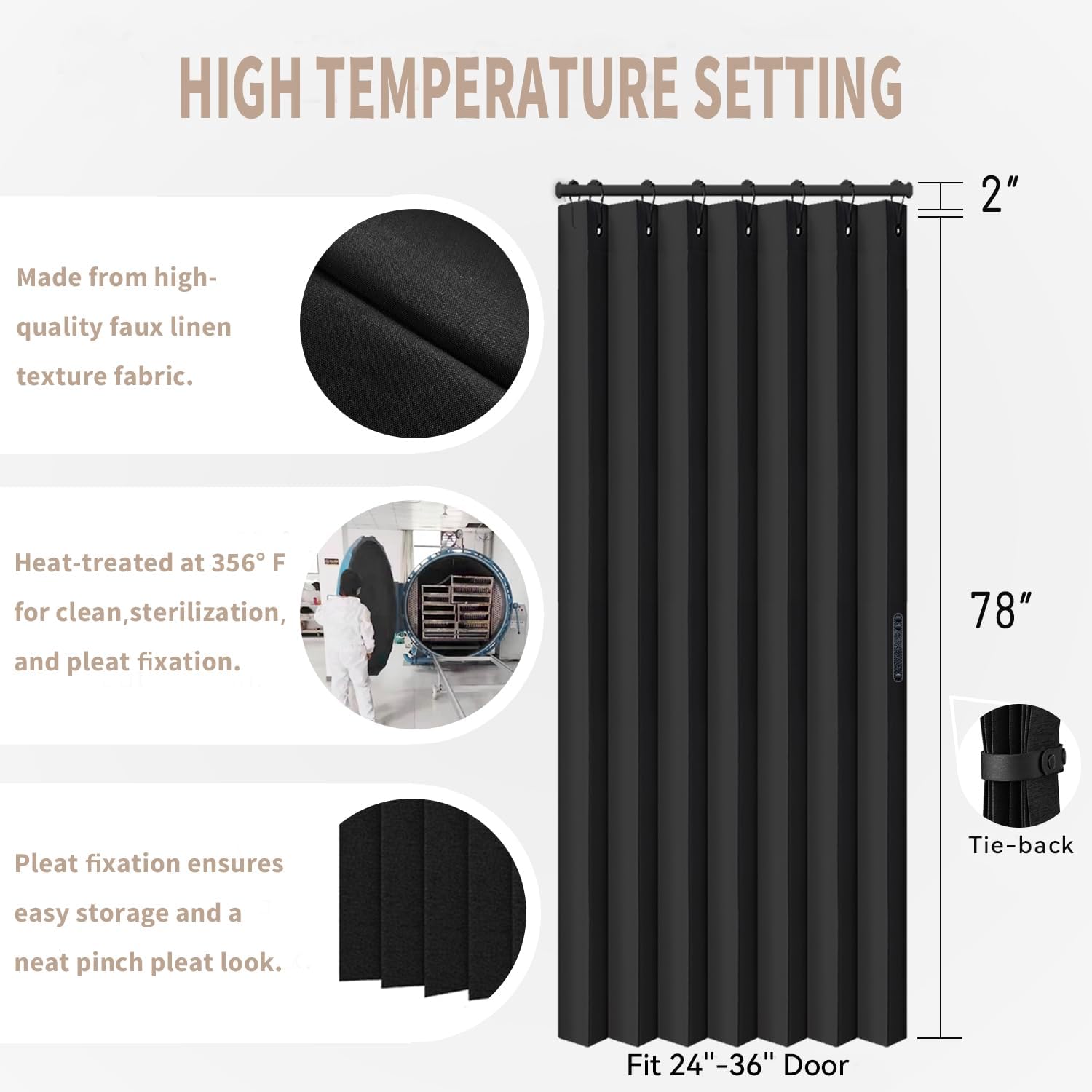 Vatge Black Folding Door Curtain 1 Panel with Tieback